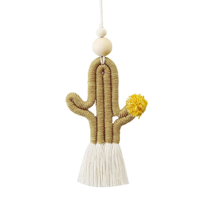 Hand Woven Cactus Pendant Cotton Rope Wood Bead Tassel Pendant