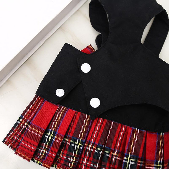 College Plaid Dog Dresses Harness Leash Suit Pet Clothes