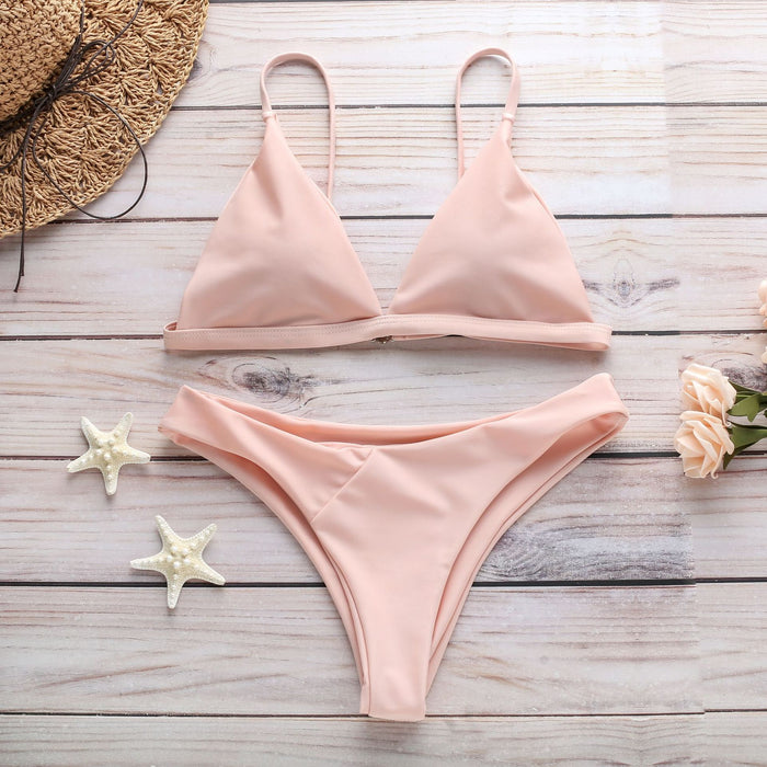Sexy Split Solid Color Swimsuit Bikini Set