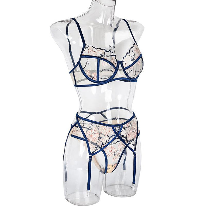 Ladies Embroidered Lace Lingerie Garter Underwear Set