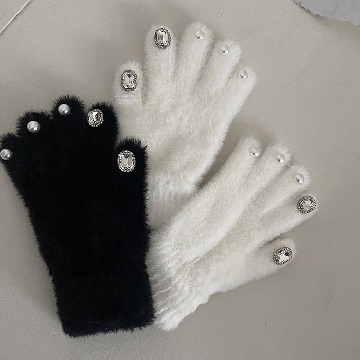 Rhinestone Pearl Warm Thickened Five Finger Gloves