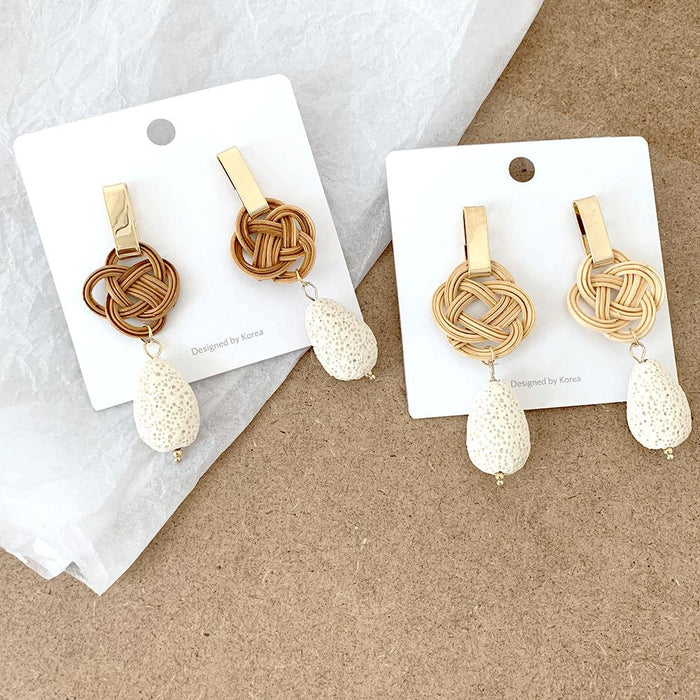 Temperament Knotted Rattan Long Volcanic Stone Earrings Jewelry