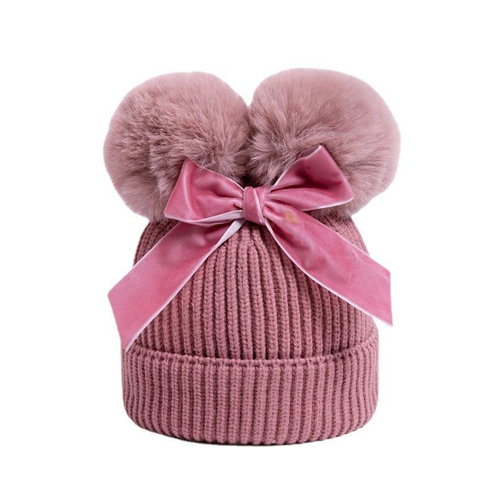 Double Plush Ball Kids Thickened Knit Bow Hat