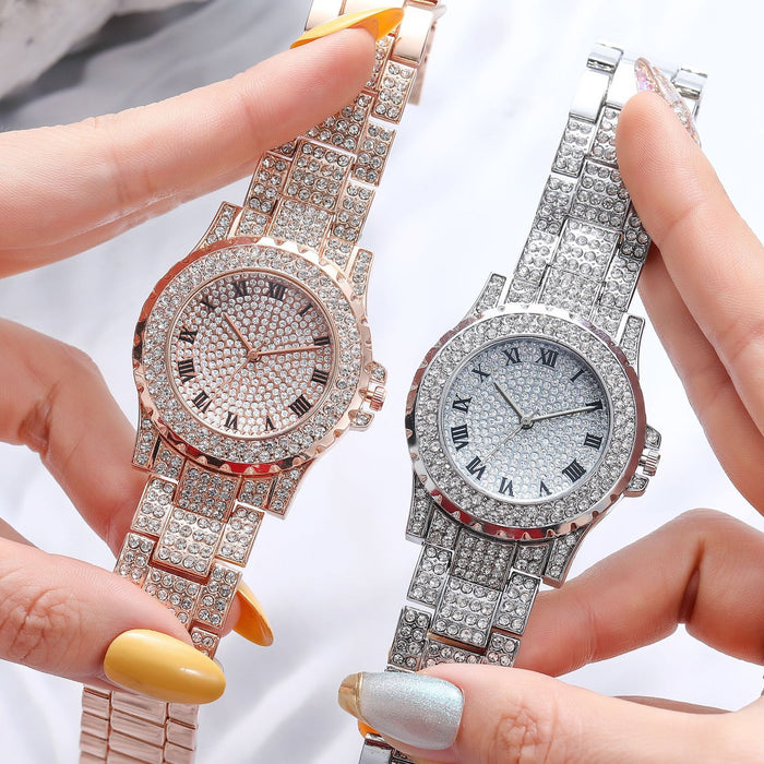 Fashion Casual Full Rhinestone Retro Roman Steel Band Ladies Quartz Watch
