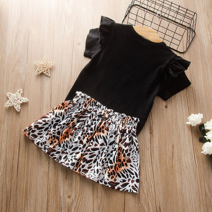 Letter short sleeve top leopard skirt