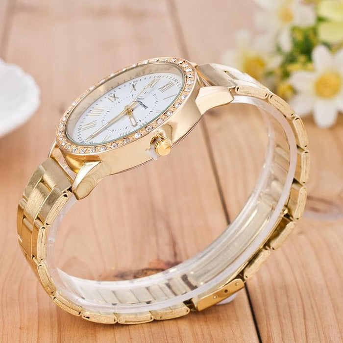 New Women Luxury Gold Quartz Stainless Steel Rhinestone Wristwatch