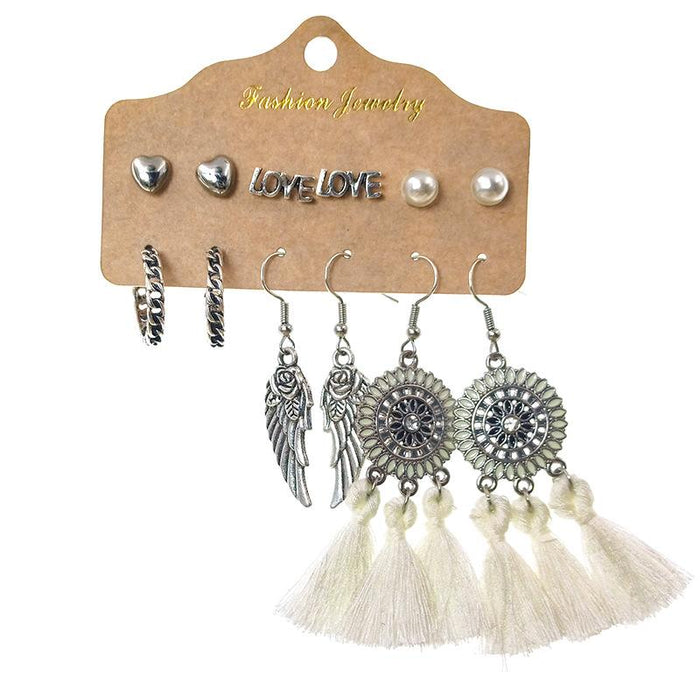 Vintage Long Tassel Leaf Feather Earring Set Jewelry