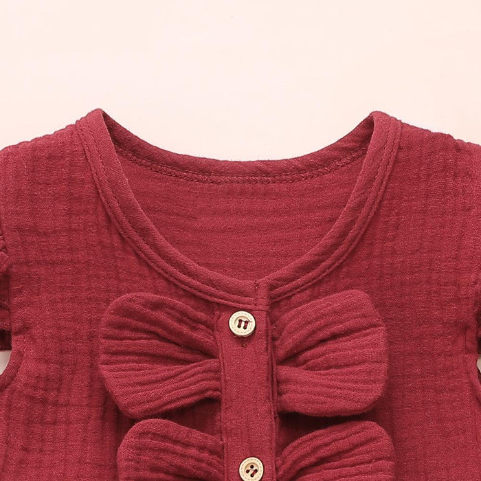 Cotton linen crepe small flying sleeve double bow stitched princess skirt