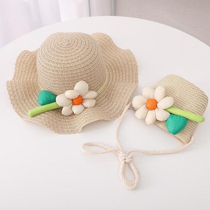 Trendy Three-dimensional Five-petal Flower Children's Wavy Straw Hat Bag Set