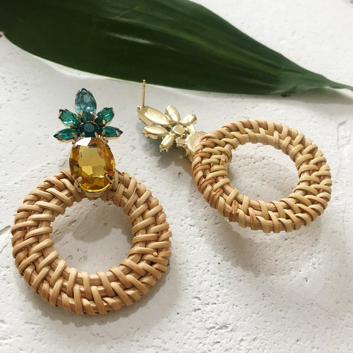 Geometric Round Rhinestone Fruit Pineapple Rattan Earrings