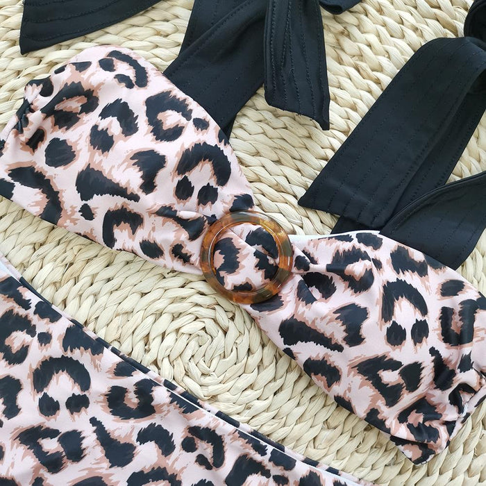 New Suspender Leopard High Waist Open Back Bra Split Bikini