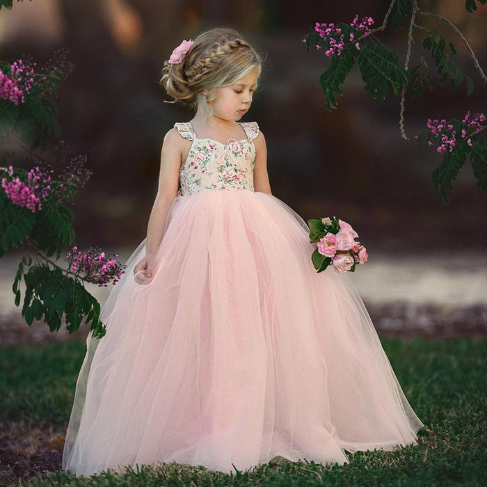 Girls' dress high-grade atmospheric pink flying sleeve floral mesh skirt