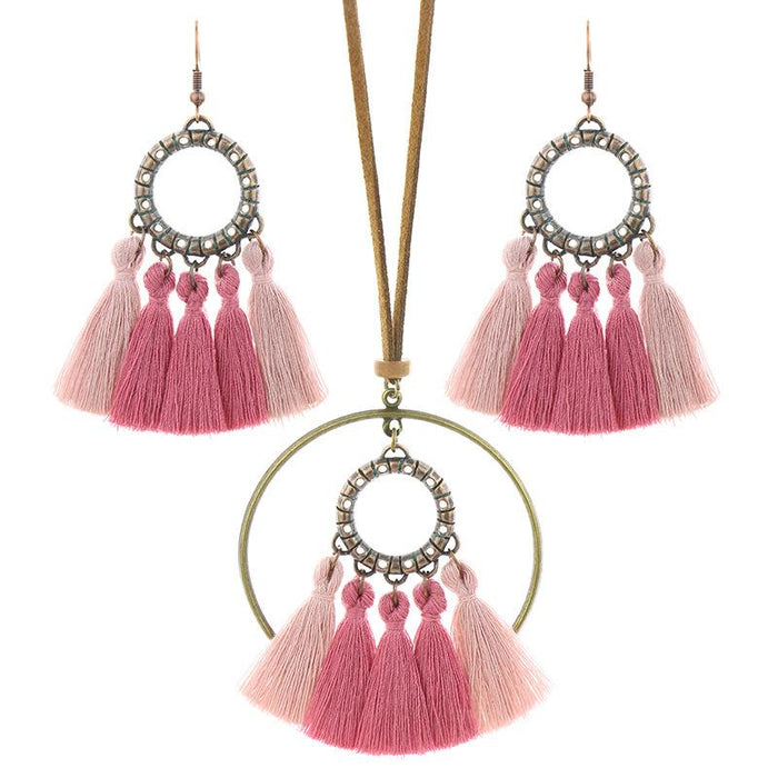 Bohemian Ethnic Style Colorful Handmade Tassel Earrings Necklace Set