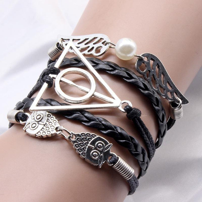 60Pcs Vintage Owl Wings Leather Rope Bracelet