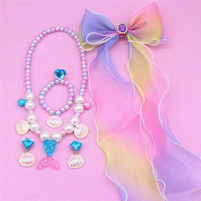 Children's Beauty Fishtail Pearl Necklace Bracelet Ring Earring Set