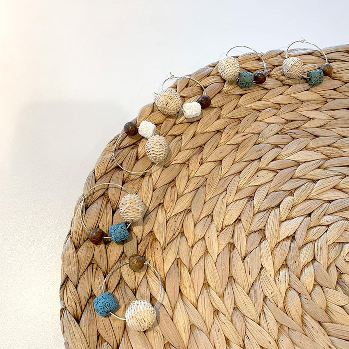 Contrast colour Retro Wood Bead Stone Rattan Earrings