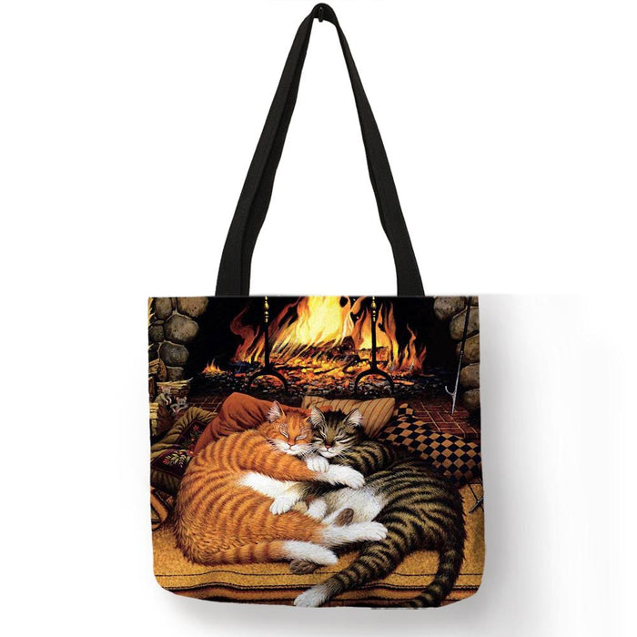 Oil Painting Cat Print Womens Designer Tote Bags
