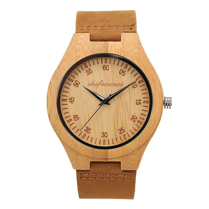 Men's Fashion Simple Bamboo Wood Watch Classic Leather Strap Quartz Watch