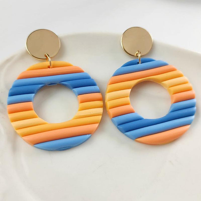 Polymerized Clay Soft Pottery Earrings Rainbow Strips Multicolor Artistic Texture Earrings