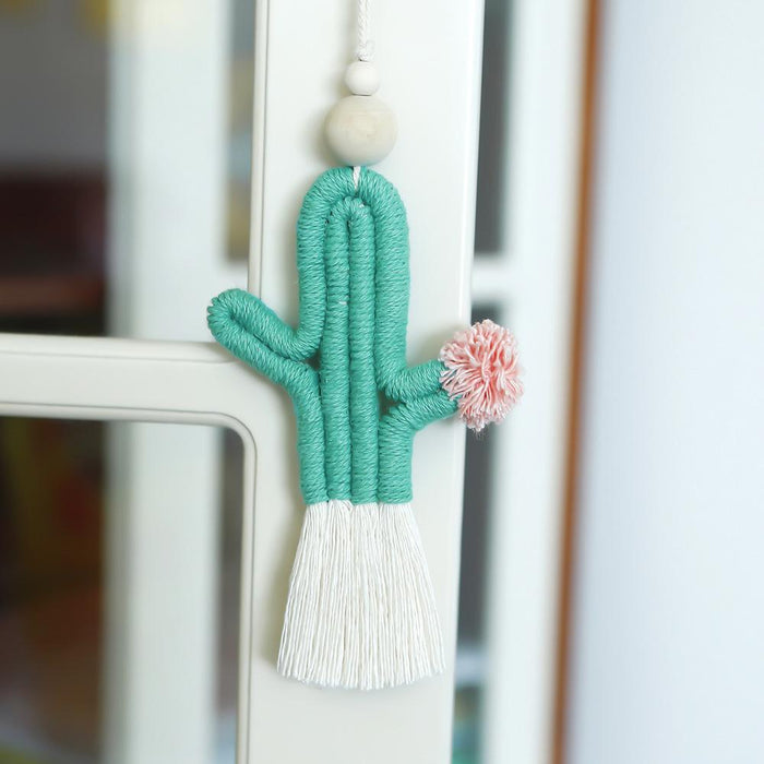 Hand Woven Cactus Pendant Cotton Rope Wood Bead Tassel Pendant