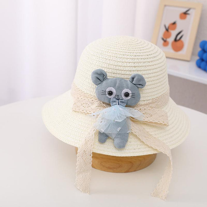 Summer Trendy Lace Cat Children's Grass Bucket Hat Bag Set