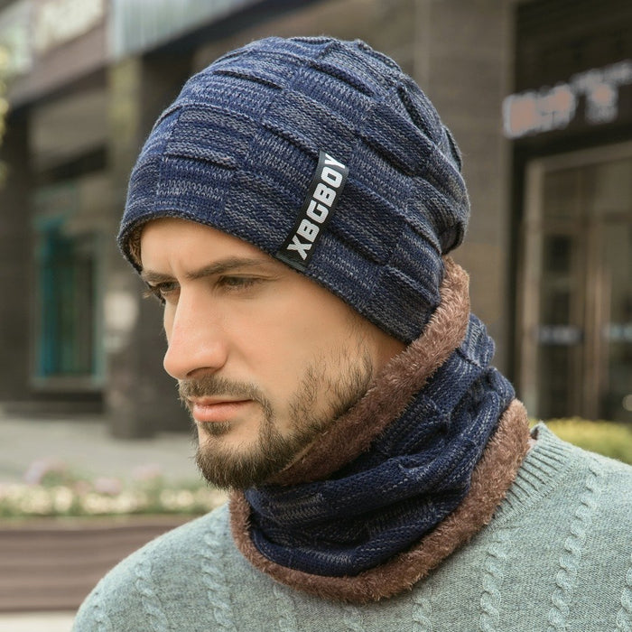 Men's Winter Knitted Pullover Wool Hat Scarf Set