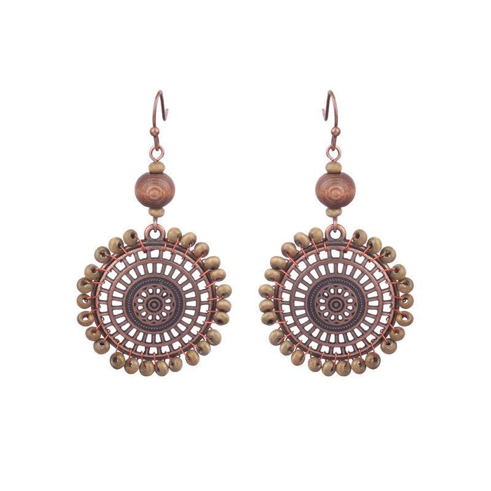 Tassel Vintage Wooden Beads Woven Geometric Hollow Earrings Jewelry