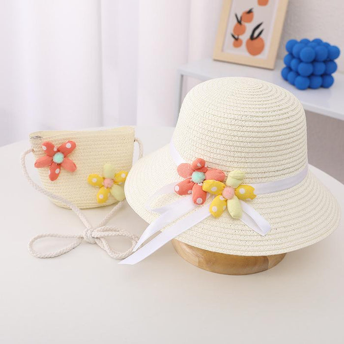 Summer Trendy Flower Streamer Children's Straw Hat Bag Set