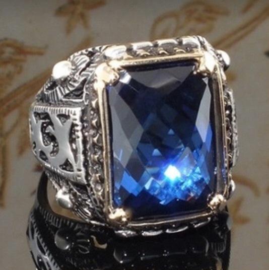 Square Carved Sapphire Crystal Ring for Men