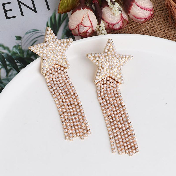 Female Jewelry Personality Exaggerated Pearl Tassel Earrings Accessories Inlaid Rhinestone