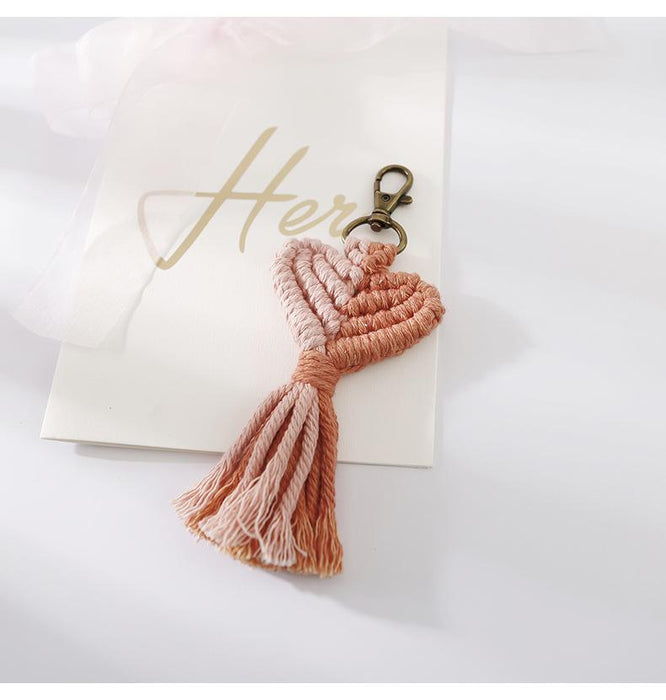 Valentine's Day Tassel Key Chain Peach Heart Hand Woven Pendant