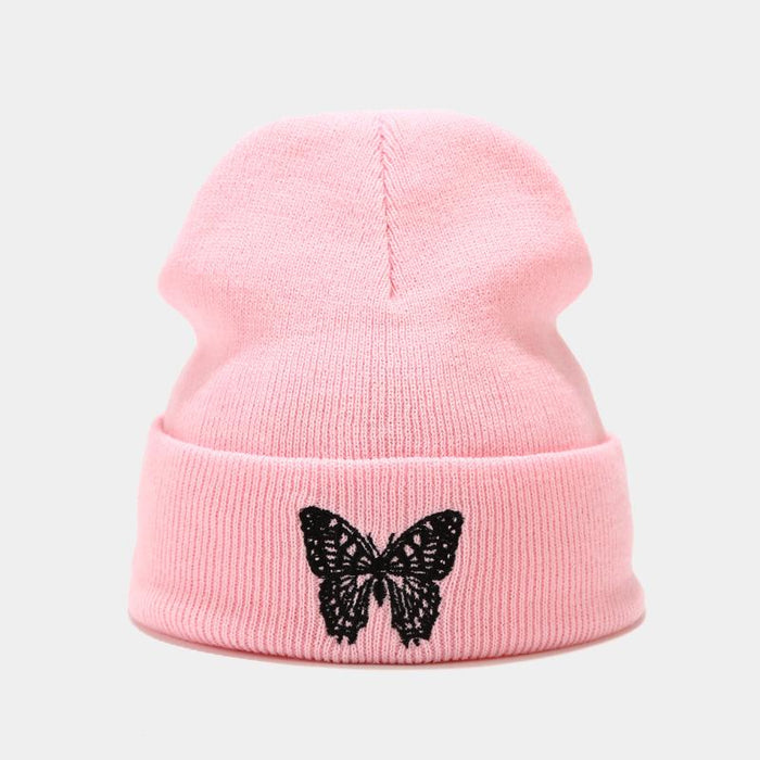Knitted Beanies Hat Butterfly Embroidery Winter Warm Ski Hats