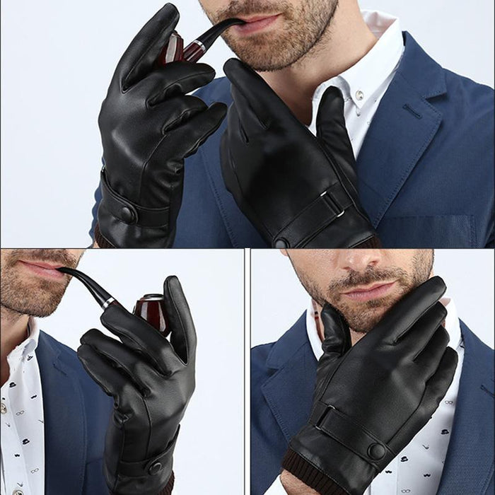 Black Winter Mittens Keep Warm Touch Screen Windproof Driving Leather Gloves