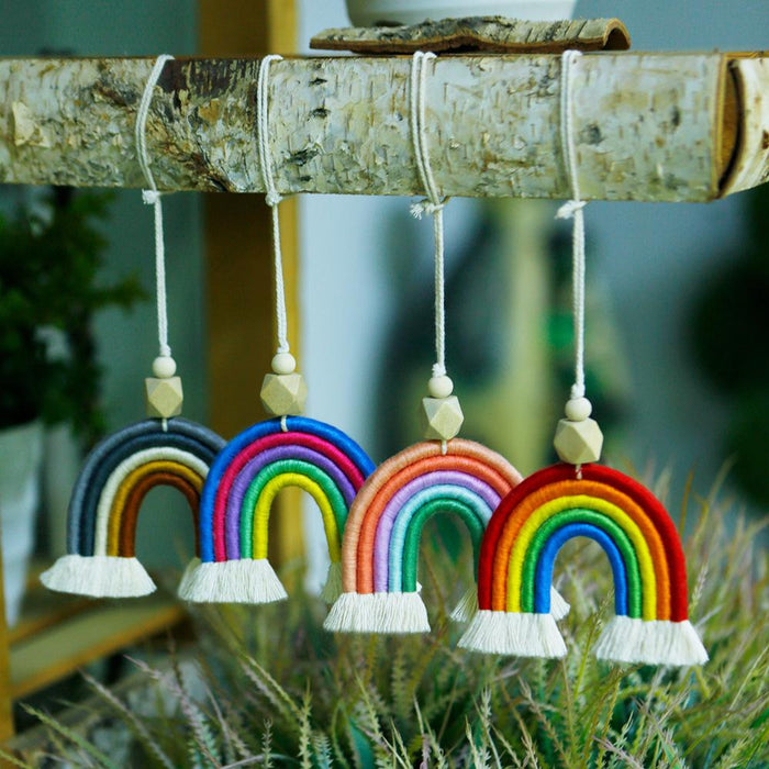 Handwoven Rainbow Car Pendant Boho Wood Bead Pendant