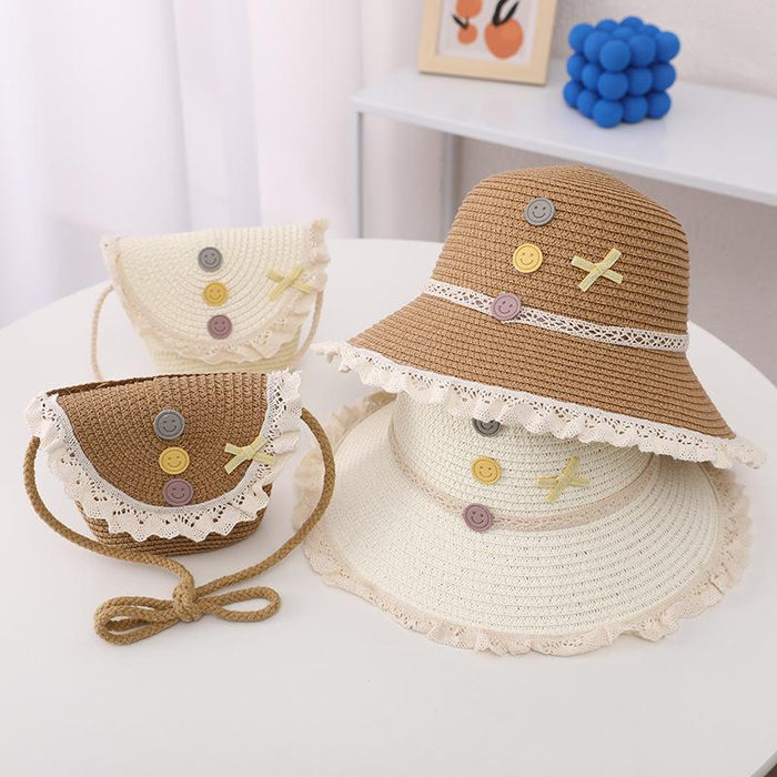 Trendy Three-color Button Children's Lace Straw Hat Bag Set
