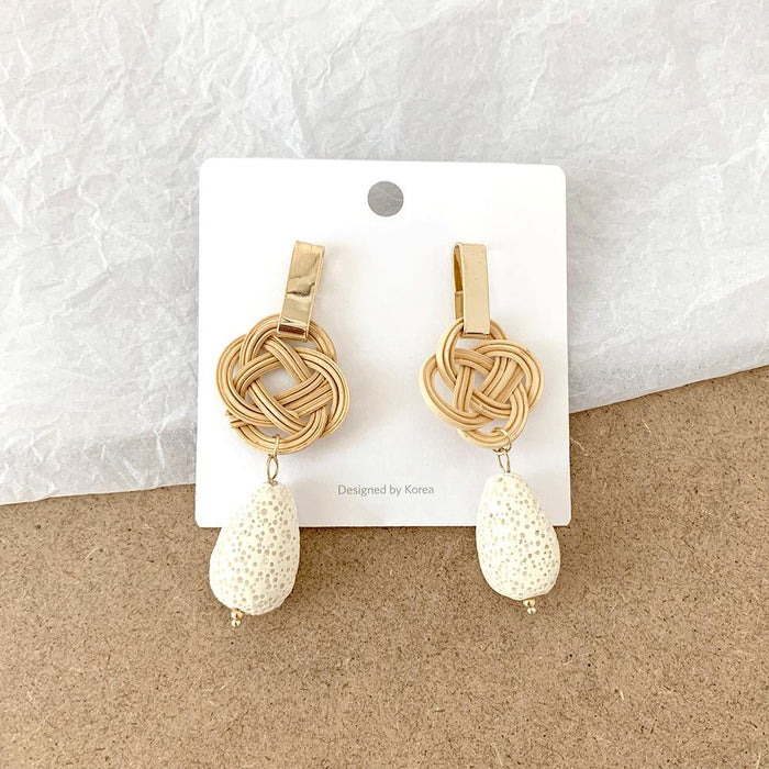 Temperament Knotted Rattan Long Volcanic Stone Earrings Jewelry