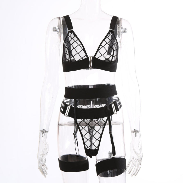 Sexy Women Lingerie Fashion Plaid Mesh Underwear Set