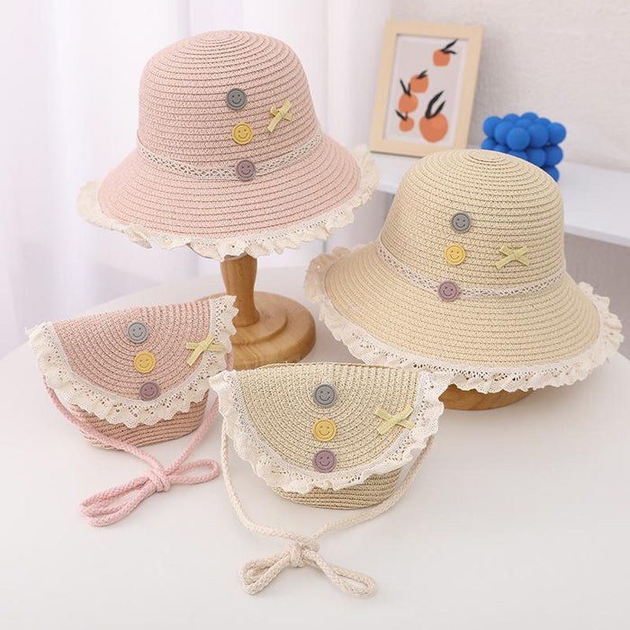 Trendy Three-color Button Children's Lace Straw Hat Bag Set