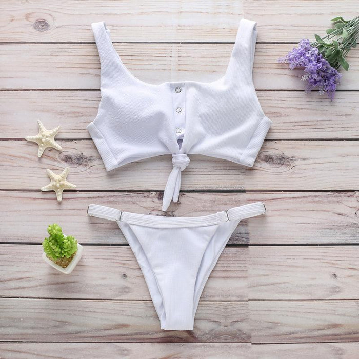 Sexy Bow Button Adjustable Split Bikini Backless Swimsuit