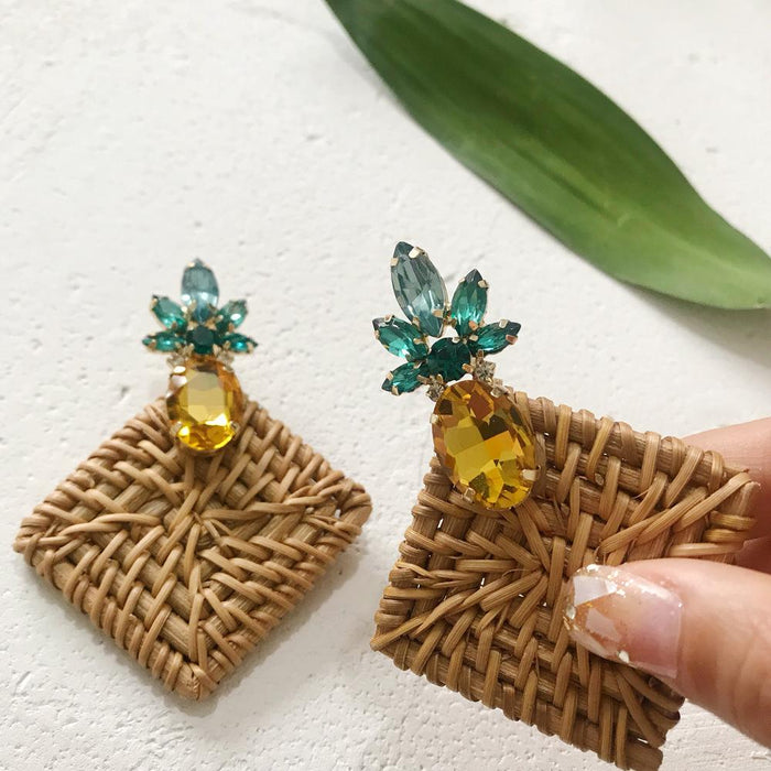 Geometric Round Rhinestone Fruit Pineapple Rattan Earrings