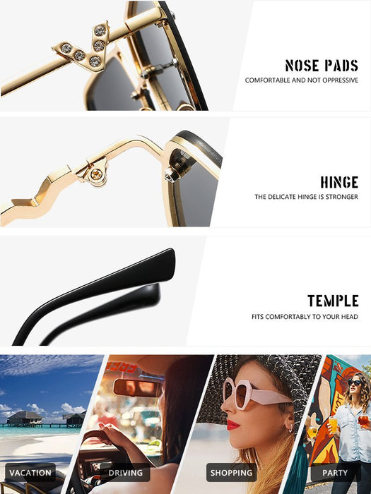 Square metal sunglasses V-shaped diamond inlay