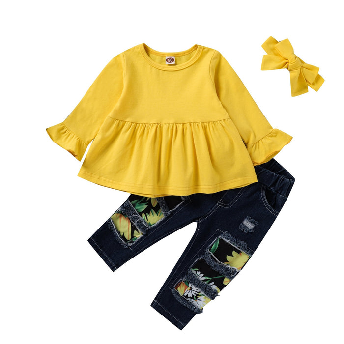 Solid colour long sleeved shirt sun printed denim perforated pants hair band three piece set