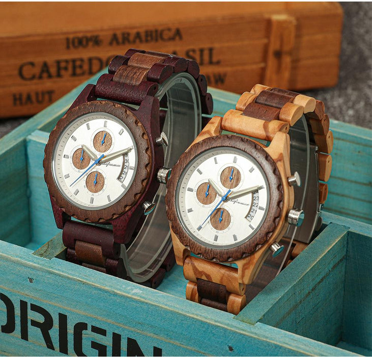 2022 New Three Eye Six Needle Men's Fashion Wood Quartz Watch
