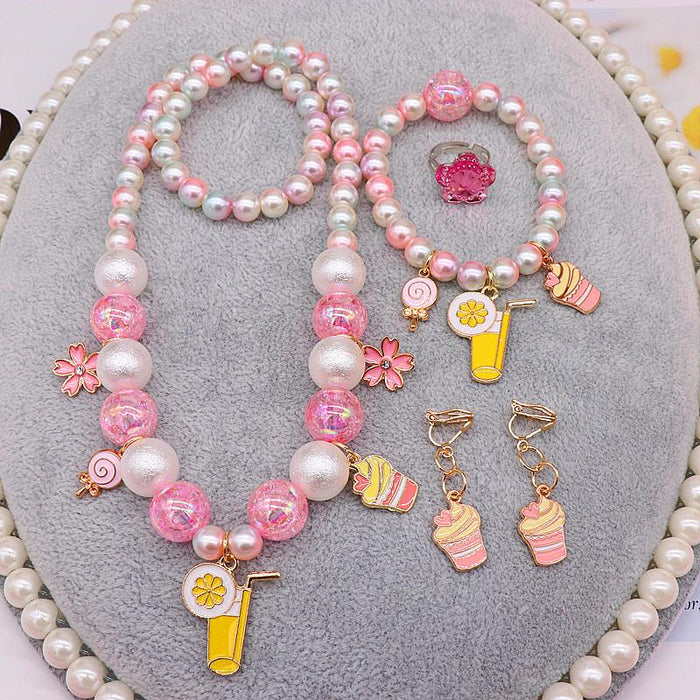 Children's Jewelry Set Lovely Cartoon Beaded Necklace Earring Ring