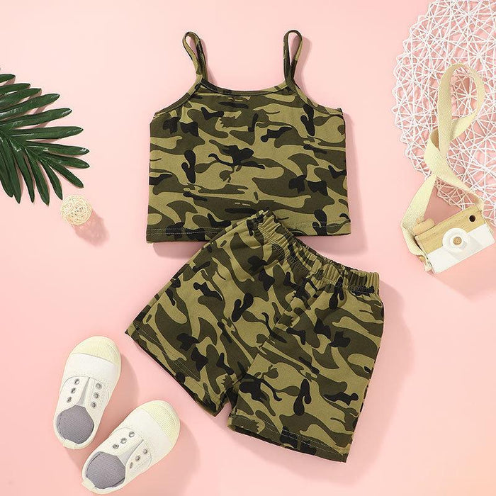 Suspender fashion camouflage clothes shorts personality two-piece set
