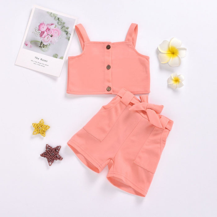 Suspender sleeveless top solid color shorts butterfly lace up Pants Set