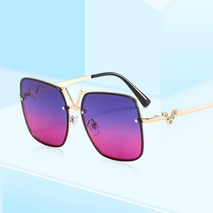 Square metal sunglasses V-shaped diamond inlay