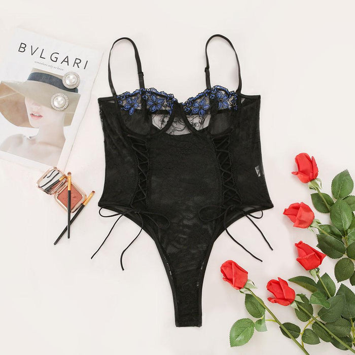 Flower Embroidered Patchwork Sexy Lingerie Bodysuit