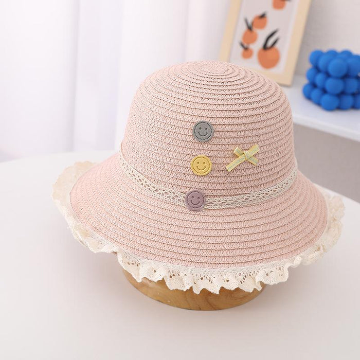 Trendy Three-color Button Children's Lace Straw Hat Bag Set