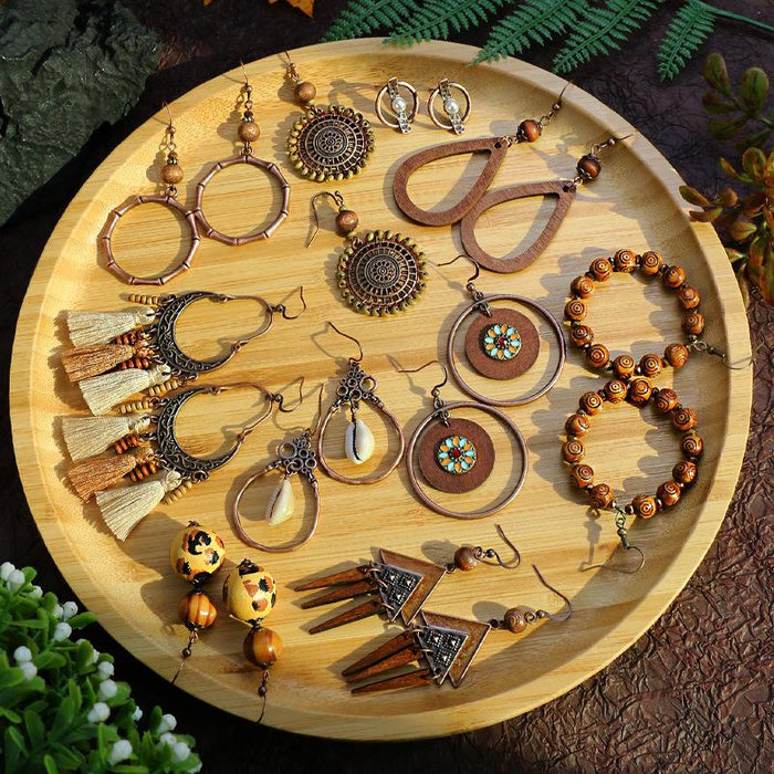 Tassel Vintage Wooden Beads Woven Geometric Hollow Earrings Jewelry